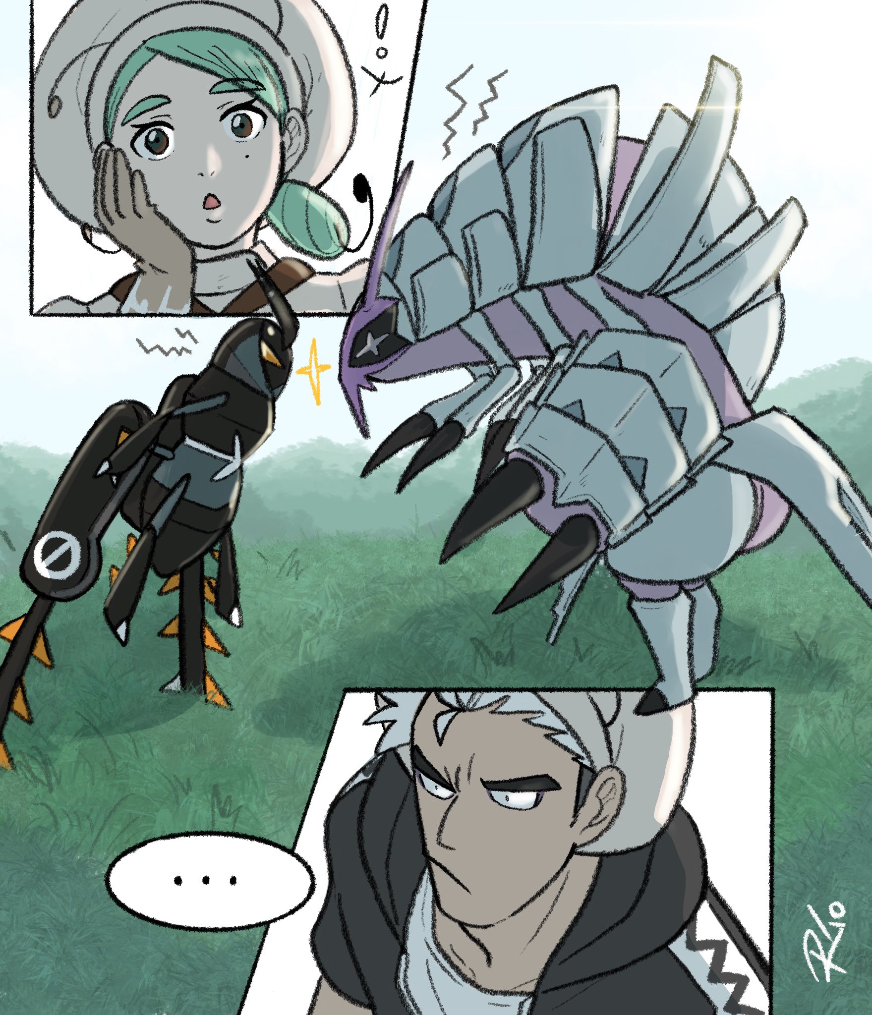 riodrawsstuff, golisopod, guzma (pokemon), katy (pokemon), lokix, nintendo, pokemon, pokemon sm, pokemon sv, highres, !, …, 1boy, 1girl, black hair, face-to-face, gen 7 pokemon, grass, green hair, hat, mole, mole under eye, multicolored hair, pokemon (creature), signature, team skull, two-tone hair, white hair