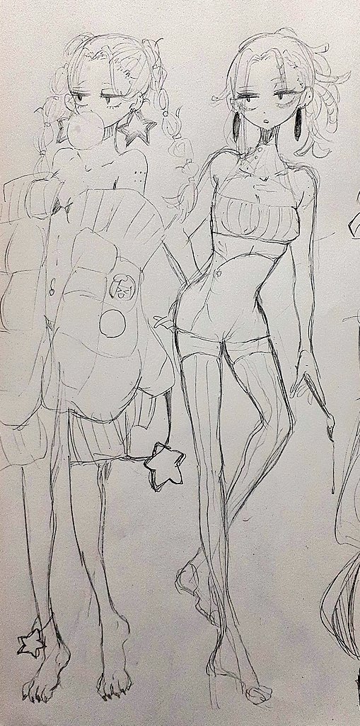 narumotitrpg, photo (medium), 1girl, annoyed, chewing gum, expressionless, feet, monochrome, sketch