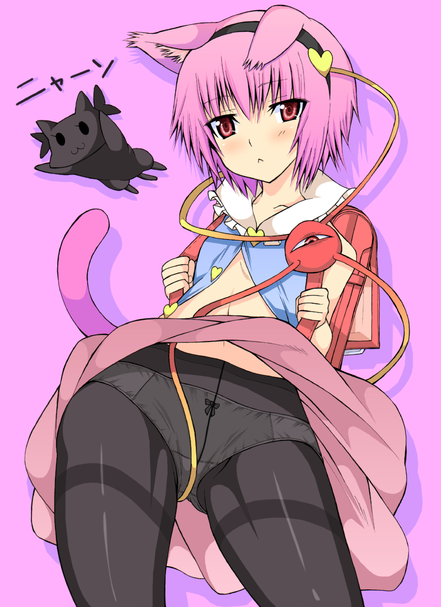 daive, kaenbyou rin, kaenbyou rin (cat), komeiji satori, touhou, bad id, bad pixiv id, highres, 1girl, animal ears, backpack, bag, cat ears, cat girl, cat tail, crotch seam, female focus, from below, midriff, navel, panties, panties under pantyhose, pantyhose, pantyshot, pink eyes, pink hair, randoseru, solo, tail, thighband pantyhose, underwear, upskirt, white panties, wind, wind lift