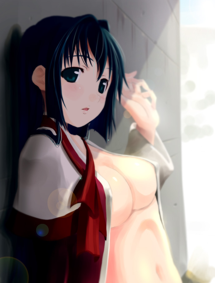 futari no ana, wadapen, minase nayuki, kanon, wall, 1girl, against wall, blue eyes, blue hair, breasts, cleavage, covered erect nipples, female focus, lens flare, matching hair/eyes, open clothes, open shirt, ribbon, school uniform, shade, shadow, shirt, solo