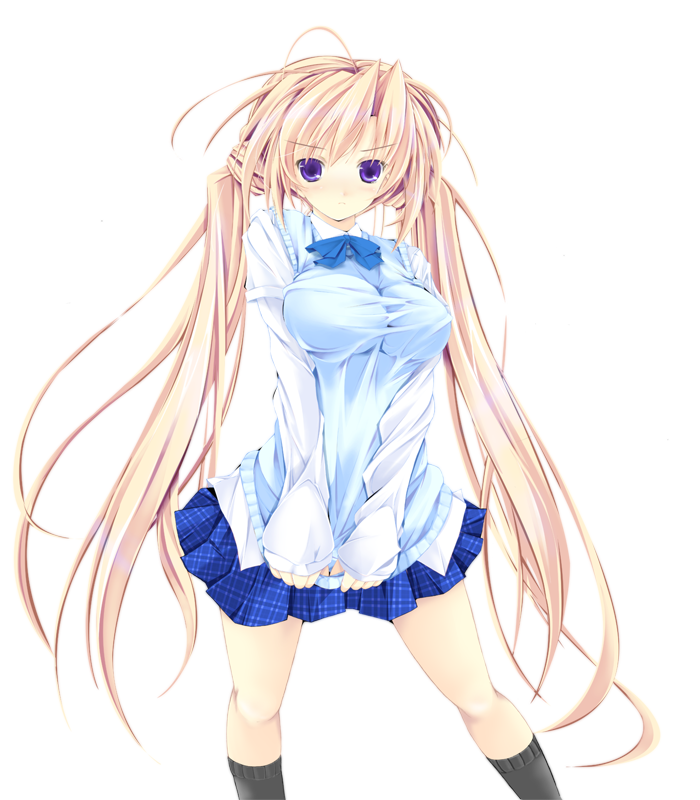 kudou takashi, kuon itsuki, sakuya (sister princess), sister princess, bad id, bad pixiv id, 00s, blonde hair, breasts, large breasts, long hair, plaid clothes, plaid skirt, purple eyes, school uniform, shirt tug, skirt, socks, solo, twintails, very long hair