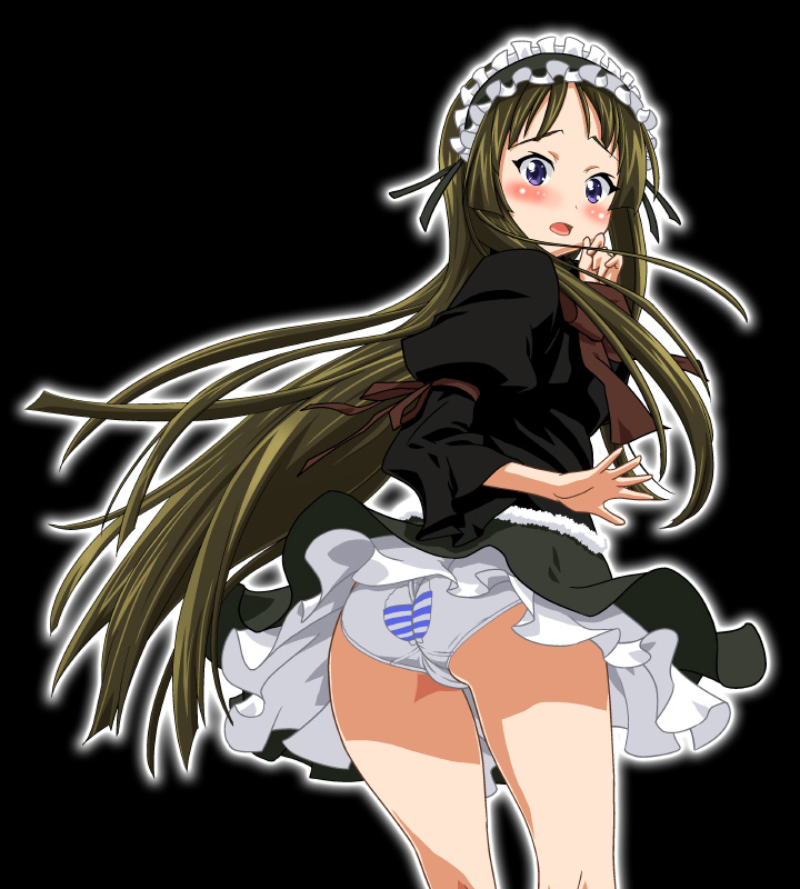 gambler club, kohsaka jun, akiyama mio, fuwafuwa time, k-on!, striped, 00s, 1girl, ass, black eyes, black hair, bowl, dress, female focus, long hair, panties, pantyshot, rice bowl, solo, underwear, upskirt, white panties, wind, wind lift