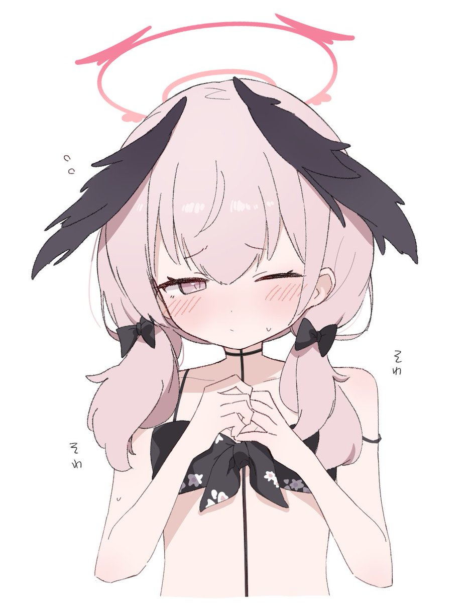 tntl nemui, koharu (blue archive), koharu (swimsuit) (blue archive), blue archive, highres, translated, 1girl, :/, bare arms, bare shoulders, bikini, black bikini, black bow, black wings, blush, bow, breasts, closed mouth, collarbone, dot nose, feathered wings, floral print, floral print bikini, flying sweatdrops, front-tie bikini top, front-tie top, hair between eyes, hair bow, halo, hands up, head wings, long hair, looking at viewer, low twintails, mini wings, narrowed eyes, official alternate costume, one eye closed, pink eyes, pink hair, pink halo, print bikini, raised inner eyebrows, sidelocks, simple background, small breasts, solo, standing, sweatdrop, swimsuit, twintails, upper body, white background, winged halo, wings