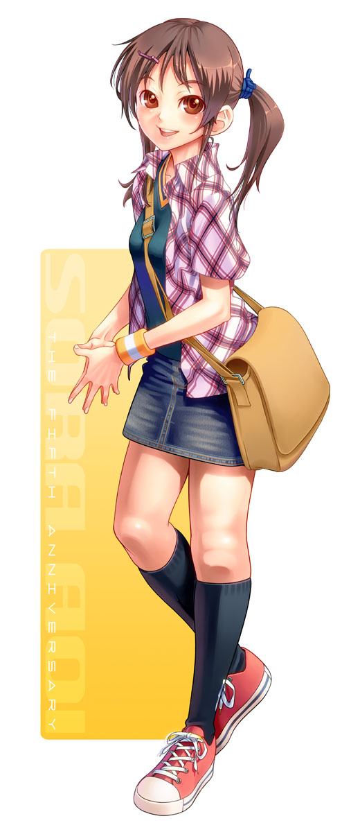 pairan, aoi sora (pairan), original, highres, 1girl, bag, between breasts, breasts, brown hair, denim, denim skirt, female focus, kneehighs, legs, lips, open mouth, shoes, skirt, smile, sneakers, socks, solo, strap between breasts, teeth, twintails