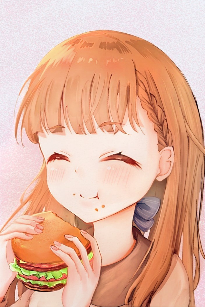 bairasu 02, kachimachi kosuzu, kachimachi kosuzu (summer casual), link! like! love live!, love live!, commentary request, 1girl, :t, ^ ^, blush, braid, burger, closed eyes, closed mouth, collared shirt, contrast collar, eating, facing viewer, food, food bite, food on face, gradient background, holding, holding burger, holding food, official alternate costume, pink background, rounded collar, shirt, side braids, simple background, smile, solo, upper body, virtual youtuber, white background