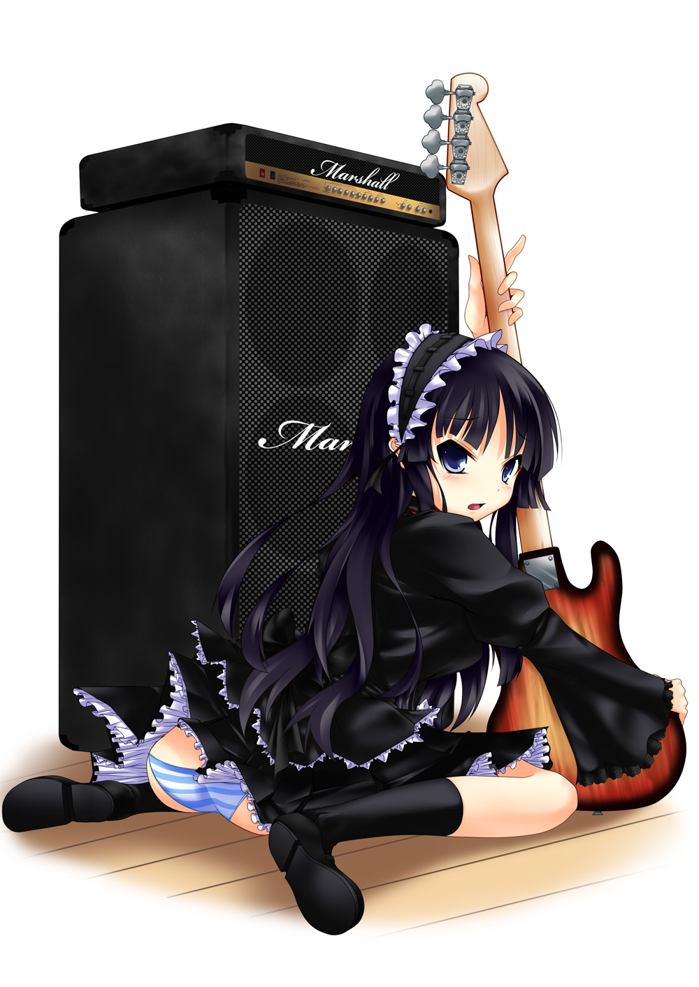nana (732 kaiten), akiyama mio, fuwafuwa time, k-on!, highres, 00s, 1girl, alternate costume, amplifier, ass, bass guitar, black hair, blue eyes, blunt bangs, blush, enmaided, female focus, frills, gothic lolita, guitar, headdress, hime cut, instrument, kneeling, lolita fashion, long hair, maid, panties, pantyshot, shoes, socks, solo, speaker, striped clothes, striped panties, underwear