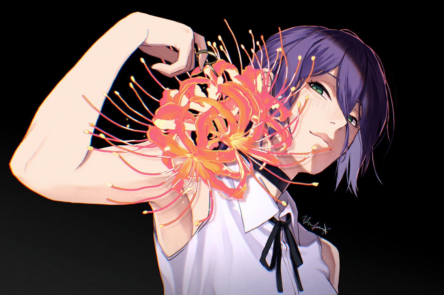 yuncho, reze (chainsaw man), chainsaw man, highres, 1girl, black background, black choker, black ribbon, choker, closed mouth, flower, green eyes, grenade pin, hair between eyes, neck ribbon, purple hair, red flower, ribbon, shirt, sleeveless, sleeveless shirt, solo, spider lily, white background