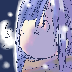 asami natsuhito, original, archived source, lowres, 1girl, black eyes, blue background, blue hair, blue theme, breath, brown scarf, cold, from side, hatching (texture), jaggy lines, long hair, looking up, no sclera, open mouth, profile, scarf, sidelocks, slit pupils, snowing, straight hair, woven hatching