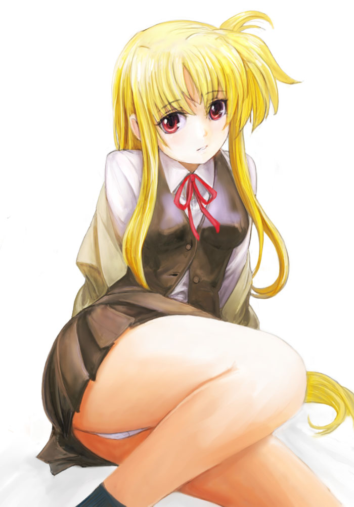 ikara, fate testarossa, lyrical nanoha, mahou shoujo lyrical nanoha, mahou shoujo lyrical nanoha a's, 00s, 1girl, ass, black socks, blonde hair, female focus, kneehighs, long hair, panties, pantyshot, red eyes, school uniform, sitting, socks, solo, underwear, very long hair, white panties