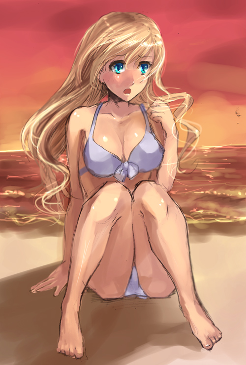 shimaji, enomoto kei, hatsukoi limited, bad id, bad pixiv id, 1girl, barefoot, beach, bikini, blonde hair, blue eyes, feet, female focus, front-tie top, long hair, sitting, solo, sunset, swimsuit, white bikini