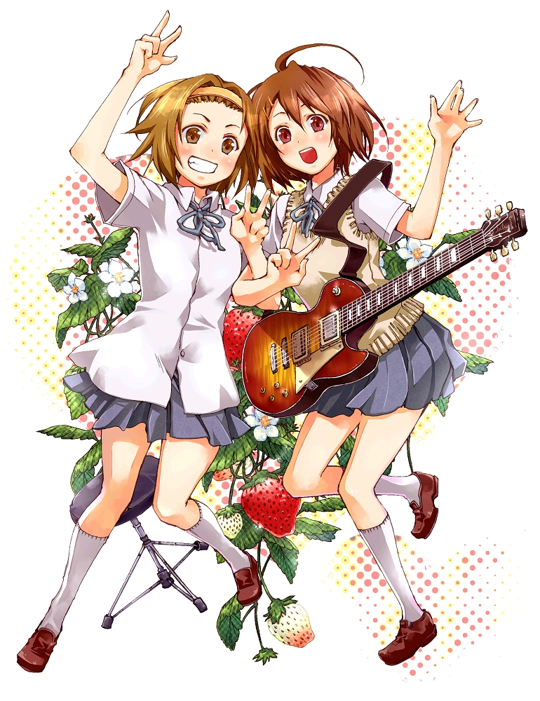 m (kkk002pc), m (pixiv), hirasawa yui, mile, tainaka ritsu, k-on!, bad id, bad pixiv id, 00s, 2girls, ahoge, blush, brown eyes, brown hair, electric guitar, flower, food, fruit, gibson les paul, grin, guitar, hairband, instrument, multiple girls, school uniform, short hair, skirt, smile, socks, stool, strawberry, strawberry blossoms, sweater vest, tomboy, v, white socks