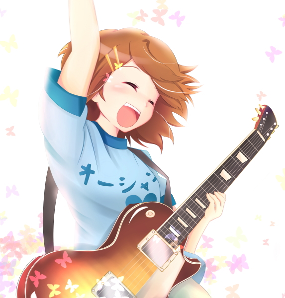 evangelline, hirasawa yui, k-on!, bad id, bad pixiv id, 00s, 1girl, brown hair, closed eyes, female focus, gibson les paul, guitar, instrument, open mouth, short hair, solo, white background