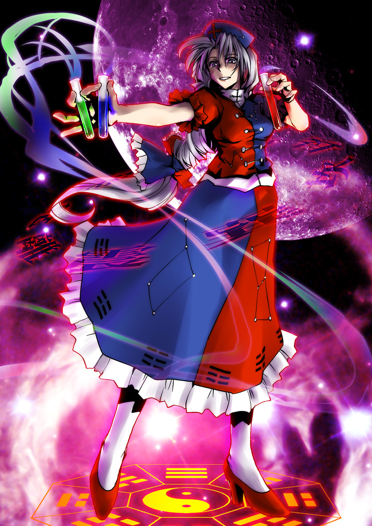 kamotama, yagokoro eirin, touhou, silver hair, 1girl, dress, female focus, fighting stance, full body, high heels, looking afar, nurse, puffy short sleeves, puffy sleeves, red eyes, shaded face, short sleeves, solo, standing, trigram, yin yang