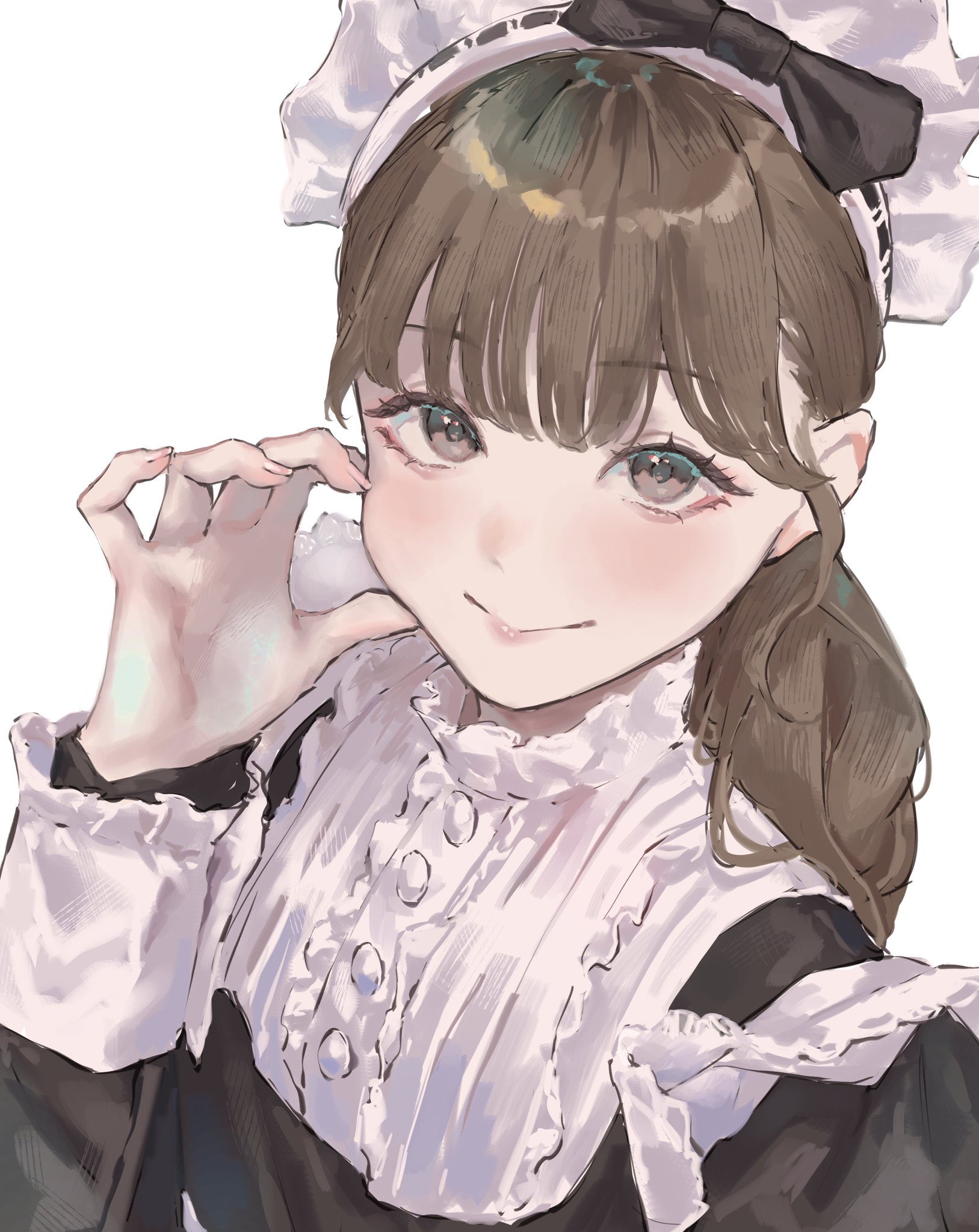 saidamoosu, link! like! love live!, love live!, real life, seeno de! hasu no sora!, commentary, highres, 1girl, animification, brown hair, center-flap bangs, grey eyes, half-heart hands, long sleeves, looking at viewer, maid, maid headdress, miyake miu, ponytail, selfie, sidelocks, simple background, solo, upper body, voice actor, white background