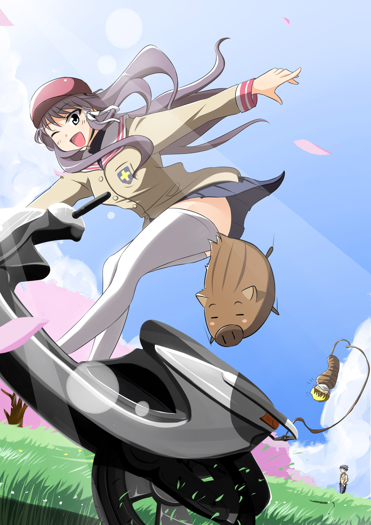 surprise (artist), surprise (tishik18), botan (clannad), fujibayashi kyou, okazaki tomoya, sunohara youhei, clannad, vehicle, highres, 00s, 1girl, 2boys, black eyes, bound, cherry blossoms, gag, gagged, grass, helmet, long hair, motor vehicle, motorcycle, multiple boys, one eye closed, petals, purple hair, school uniform, scooter, thighhighs, tied up (nonsexual), wink