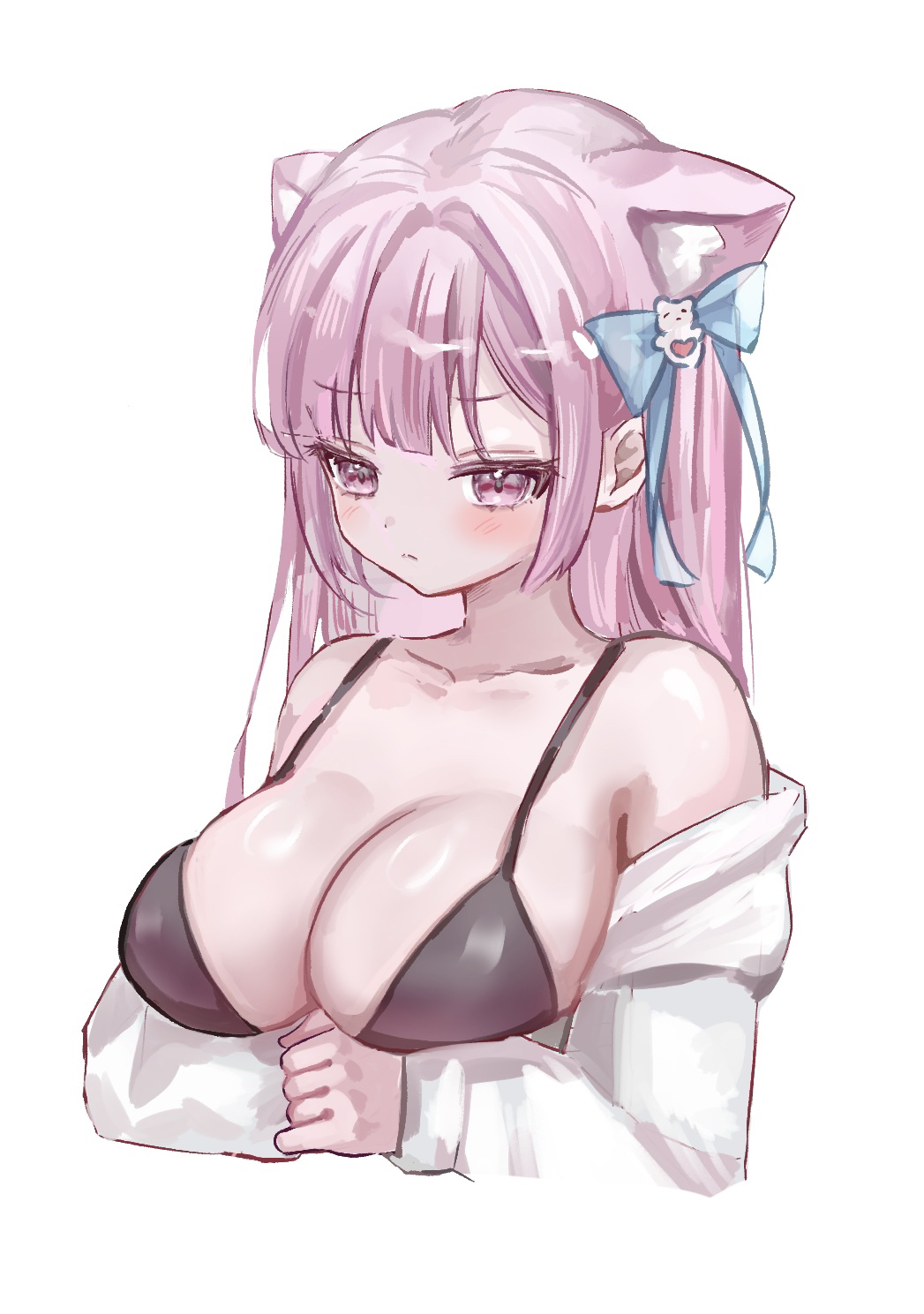 teruteruteru190, yuuki sakuna, indie virtual youtuber, commentary, highres, symbol-only commentary, 1girl, animal ears, arm under breasts, bare shoulders, bikini, black bikini, blue bow, blush, bow, breasts, cat ears, cat girl, cleavage, closed mouth, collarbone, ghost hair ornament, hair bow, large breasts, long hair, pink eyes, pink hair, shiny skin, shirt, short sleeves, simple background, solo, swimsuit, virtual youtuber, white background, white shirt