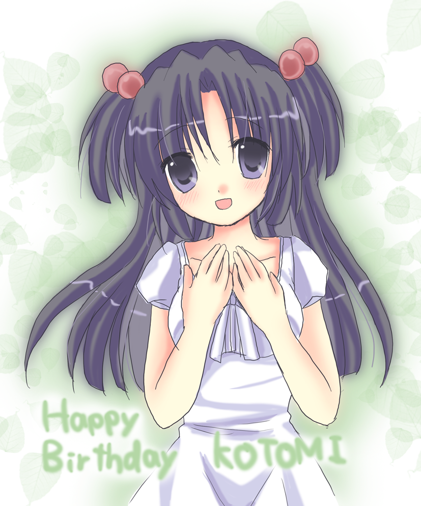 mana (10221125), ichinose kotomi, clannad, bad id, bad pixiv id, 00s, 1girl, blue eyes, blue hair, blush, breasts, character name, collarbone, dress, english text, female focus, hair bobbles, hair ornament, hand on own chest, happy birthday, head tilt, long hair, looking at viewer, matching hair/eyes, open mouth, short sleeves, solo, twintails, two side up, upper body, white dress