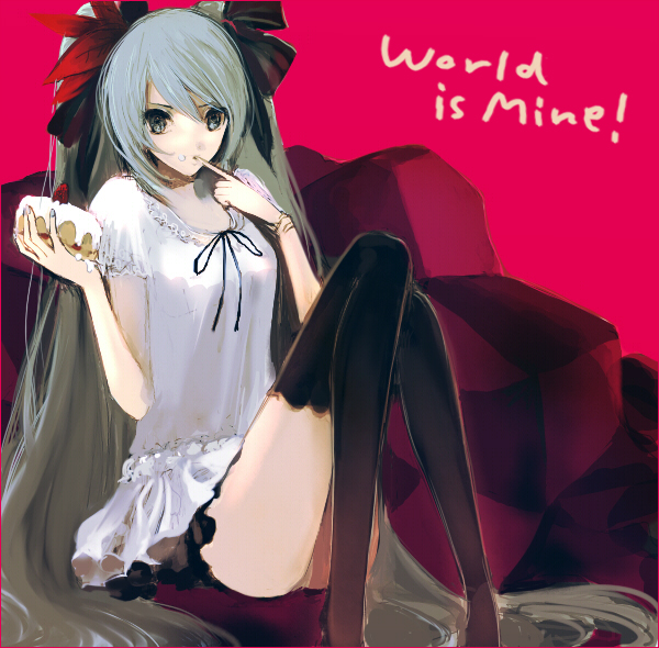 uno (artist), uno (colorbox), hatsune miku, vocaloid, world is mine (vocaloid), cake, food, fruit, green eyes, green hair, icing, long hair, pastry, sitting, solo, strawberry, thighhighs, very long hair