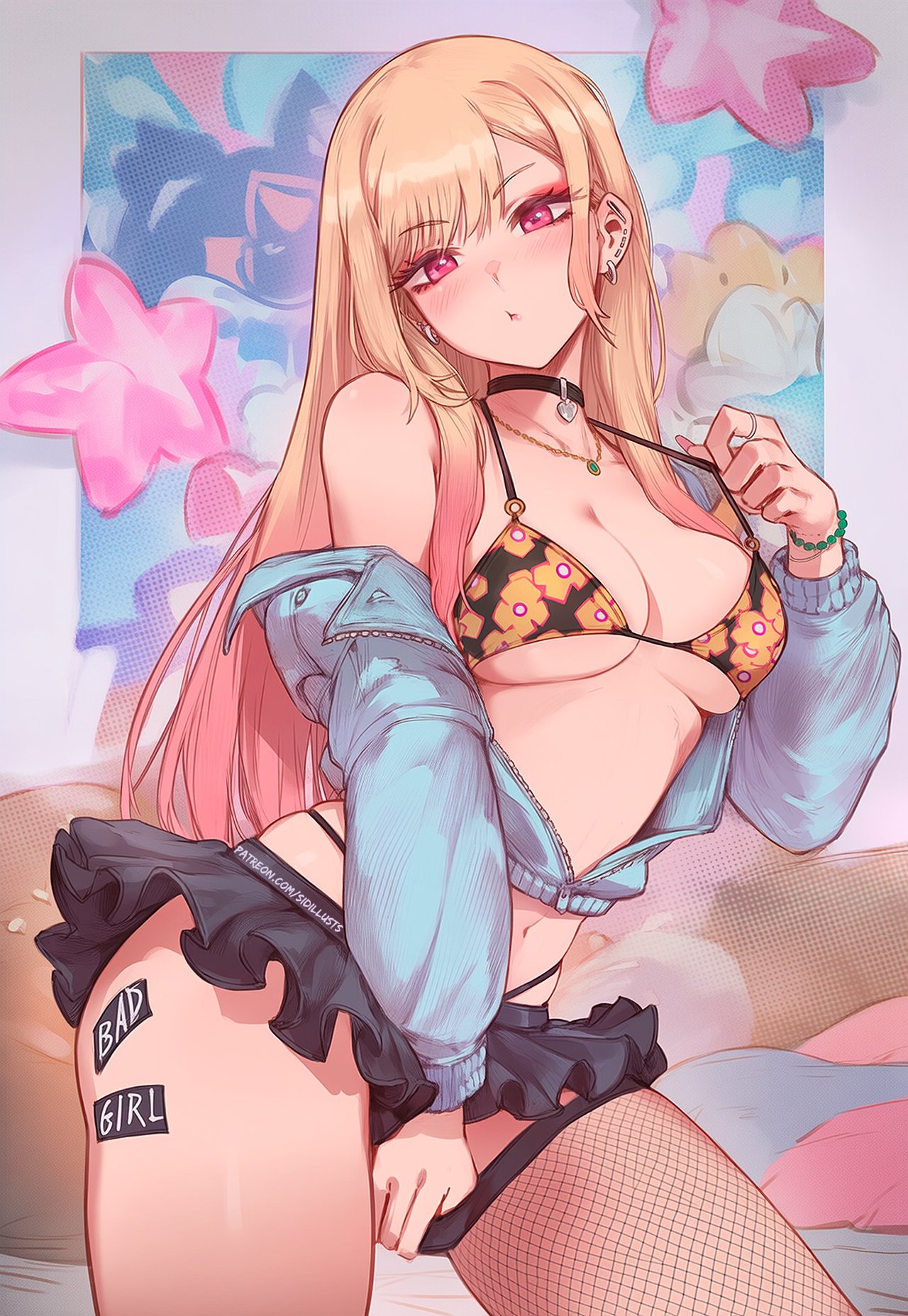 sidillusts, kitagawa marin, ai-generated, highres, tagme, 1girl, blonde hair, breasts, large breasts, looking at viewer, navel, piercing, red eyes