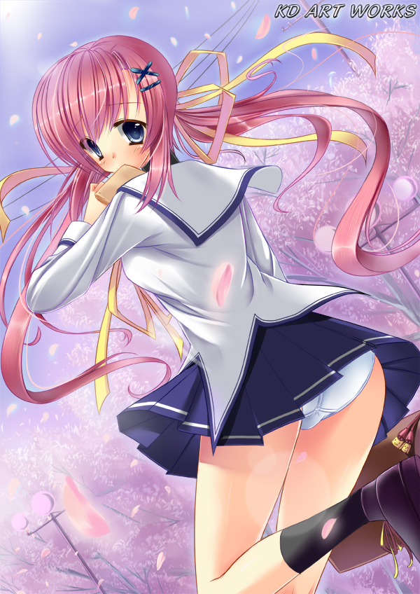 caidychen, shirakawa nanaka, da capo, da capo ii, bad id, bad pixiv id, 00s, blue eyes, hair ribbon, long hair, looking back, panties, pantyshot, pink hair, ribbon, school uniform, solo, twintails, underwear