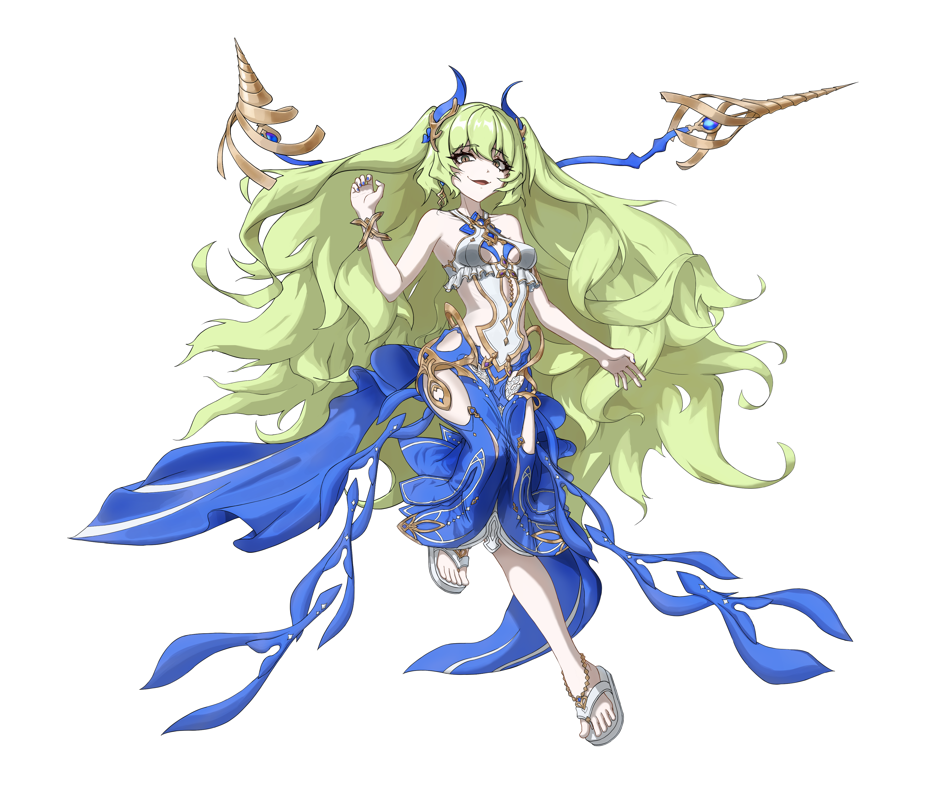 rkdgks145, mobius (daughter of corals) (honkai impact), mobius (honkai impact), honkai (series), honkai impact 3rd, absurdres, highres, 1girl, :d, breasts, earrings, flip-flops, full body, green eyes, green hair, jewelry, long hair, looking at viewer, medium breasts, open mouth, sandals, simple background, single earring, smile, solo, swimsuit, toes, very long hair, wavy hair, white background