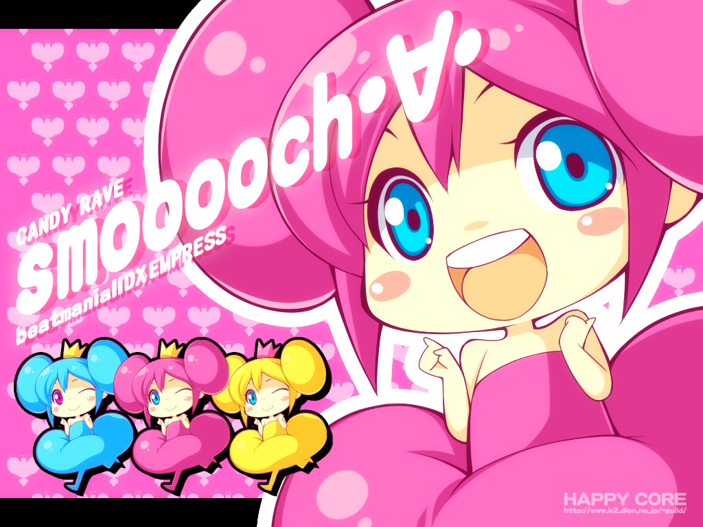 kinoshita ichi, beatmania iidx, bemani, smooooch, 3girls, blonde hair, blue eyes, blue hair, blush, chibi, crown, laughing, multiple girls, one eye closed, pink eyes, pink hair, smile, wink, zoom layer