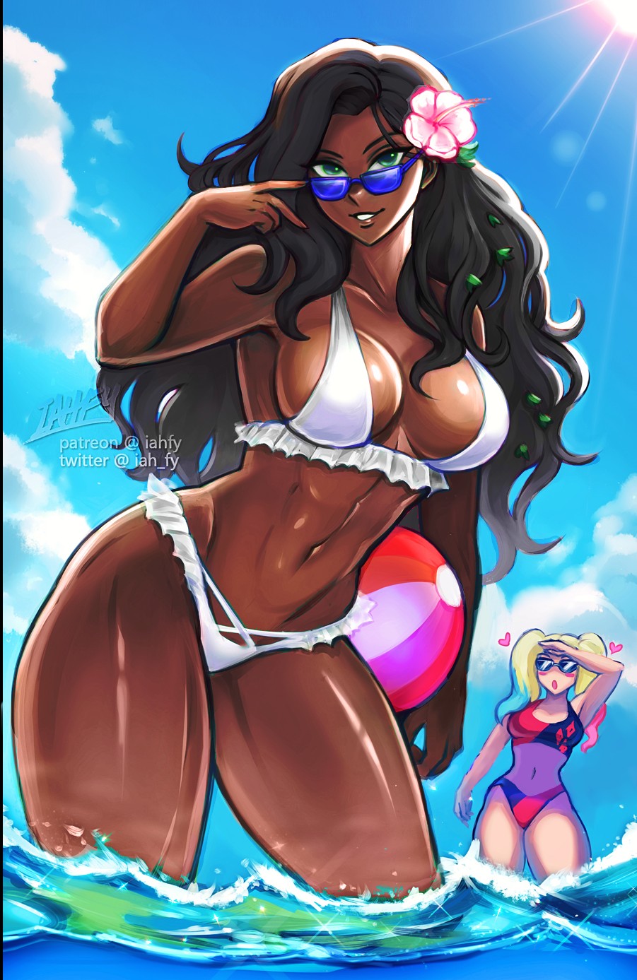 iahfy, ricky952089, harley quinn, poison ivy, highres, third-party edit, abs, alternate skin color, beach, bikini, black hair, curvy, dark-skinned female, dark skin, green eyes, long hair, looking at viewer, midriff, navel, outdoors, smile, swimsuit, thick thighs, thighs, wide hips