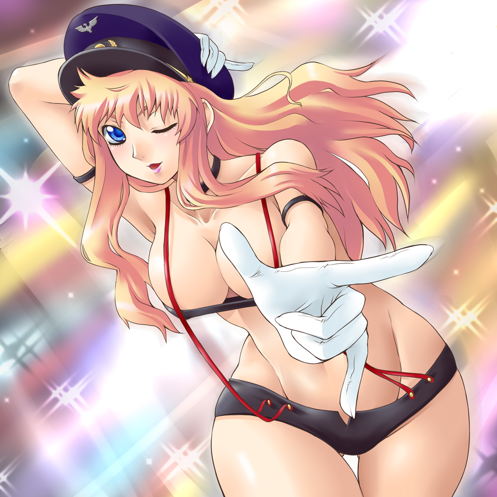 yaso shigeru, sheryl nome, macross, macross frontier, 00s, 1girl, blonde hair, blue eyes, breasts, choker, cleavage, female focus, foreshortening, gloves, groin, hat, hip focus, large breasts, long hair, one eye closed, peaked cap, pointing, short shorts, shorts, solo, sparkle, strapless, suspenders, thigh gap, thighs, tube top, wide hips, wink, zoom layer