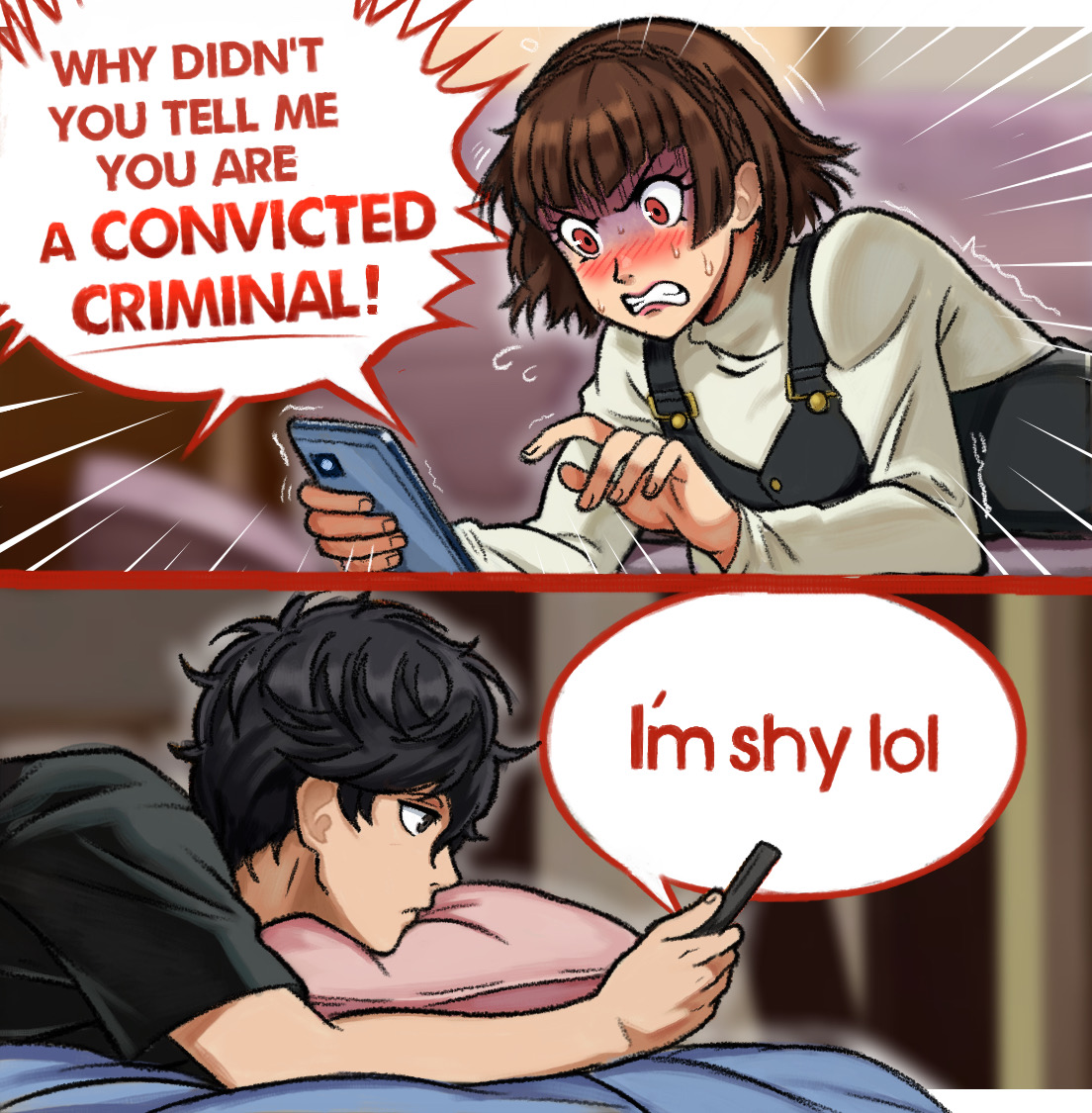 neggoartz, amamiya ren, niijima makoto, persona, persona 5, 1boy, 1girl, black hair, blunt bangs, blush, braid, breasts, brown hair, crown braid, holding, holding phone, long sleeves, medium breasts, open mouth, pantyhose, phone, red eyes, school uniform, shirt, short hair, simple background, skirt