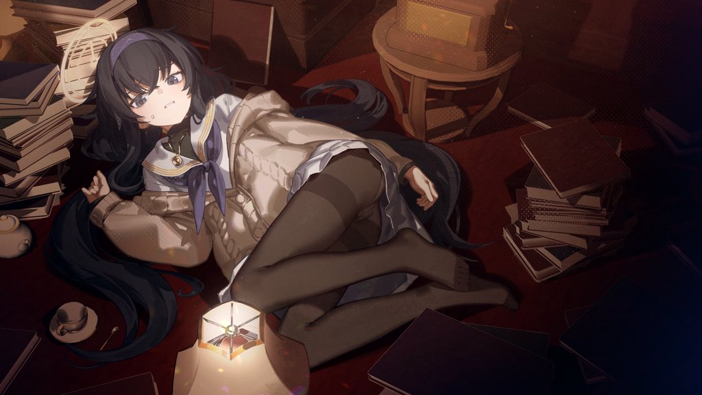 ryuuforkaf, ui (blue archive), blue archive, 1girl, black hair, black pantyhose, black shirt, blush, brown cardigan, cardigan, clenched teeth, crossed bangs, gold necklace, hair between eyes, hairband, halo, jewelry, long hair, looking at viewer, neckerchief, necklace, no shoes, on floor, panties, panties under pantyhose, pantyhose, purple hairband, purple neckerchief, sailor collar, shirt, sidelocks, skirt, solo, sweatdrop, teeth, thighband pantyhose, underwear, white sailor collar, white shirt, white skirt, yellow halo
