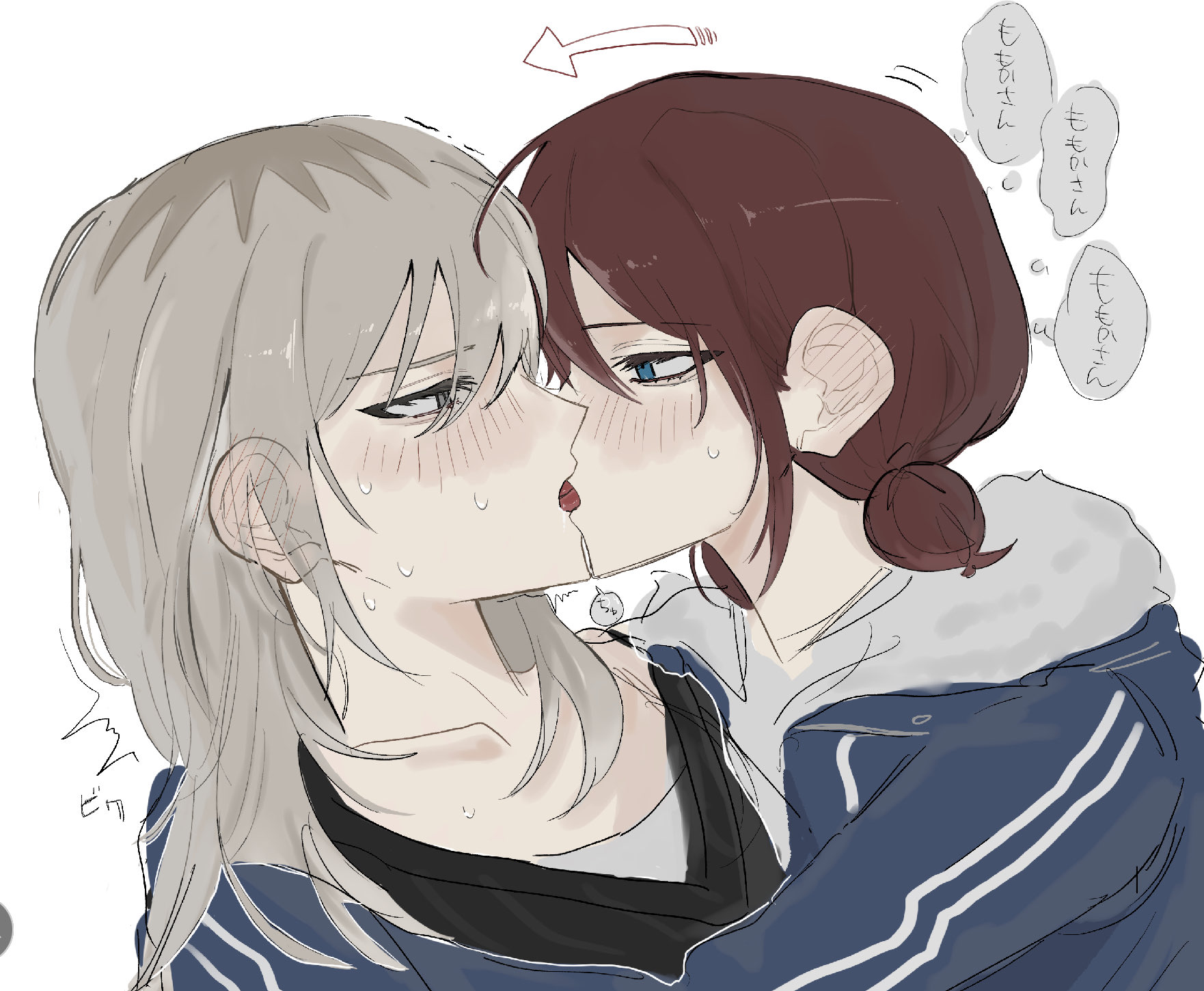 iseri nina, kawaragi momoka, girls band cry, commentary request, highres, translation request, 2girls, black sweater, blue jacket, blush, ear blush, french kiss, grey eyes, grey hair, jacket, kiss, long hair, multicolored hair, multiple girls, red hair, roots (hair), short twintails, speech bubble, sweat, sweater, takenoonko, thought bubble, tongue, twintails, yuri