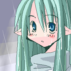 asami natsuhito, original, archived source, lowres, 1girl, blush, green eyes, green hair, grey background, hair between eyes, jaggy lines, long bangs, long hair, no sclera, open mouth, pointy ears, rain, solo, straight hair, turtleneck, upper body, upturned eyes, wet