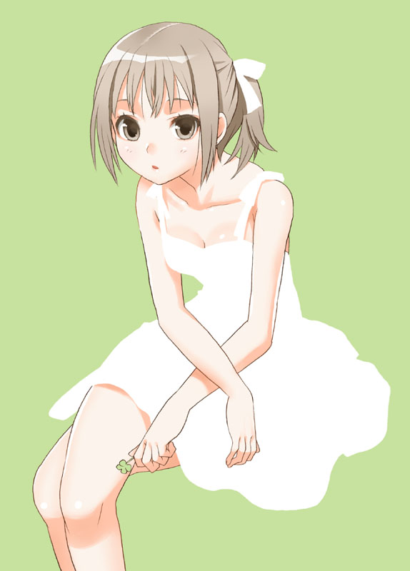 mattaku mousuke, 1girl, brown hair, clover, crossed legs, dress, female focus, four-leaf clover, pale skin, ponytail, short hair, simple background, sitting, skirt, solo, white dress, white skirt