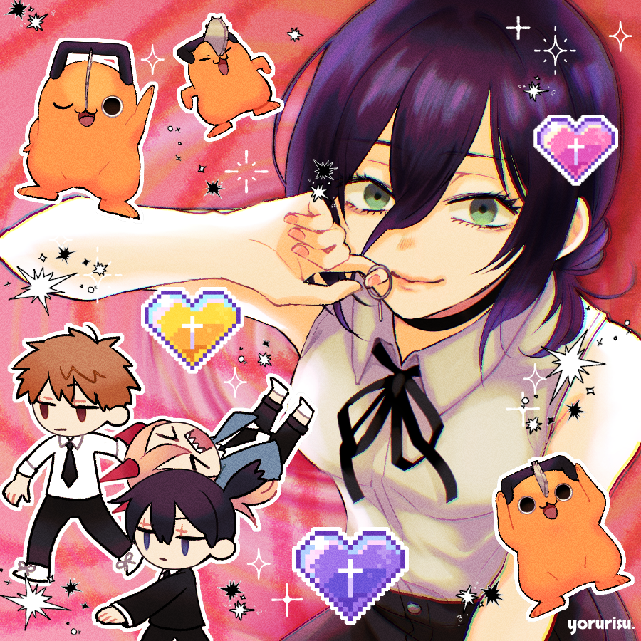 yorurisu (tary5373), denji (chainsaw man), hayakawa aki, pochita (chainsaw man), power (chainsaw man), reze (chainsaw man), chainsaw man, commentary request, 2boys, 2girls, black choker, black hair, black pants, black ribbon, blue jacket, brown eyes, brown hair, choker, collared shirt, demon girl, demon horns, green eyes, grenade pin, hair between eyes, heart, horns, jacket, looking at viewer, multiple boys, multiple girls, neck ribbon, pants, pixel heart, purple hair, ribbon, shirt, sleeveless, sleeveless shirt, topknot, white shirt