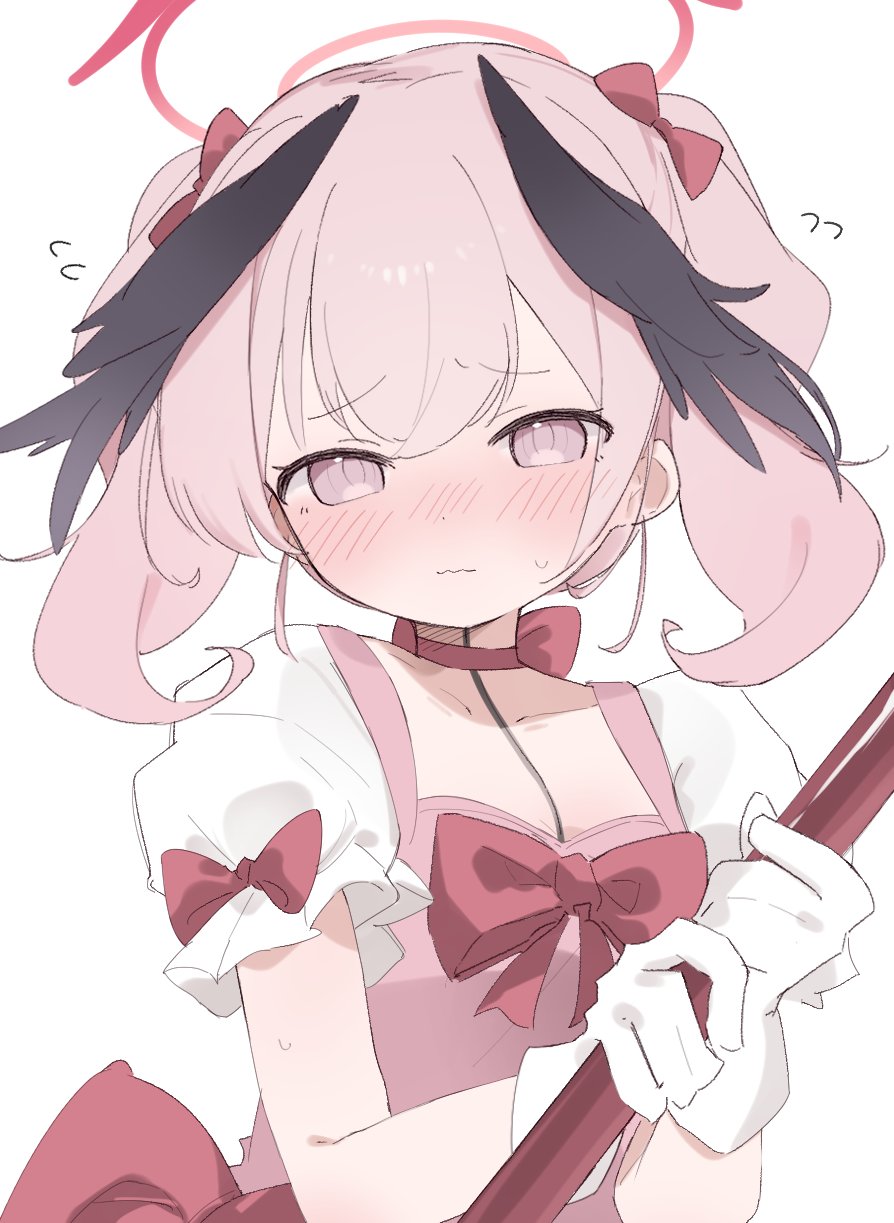 tntl nemui, koharu (blue archive), blue archive, commentary, highres, 1girl, alternate costume, black wings, blush, bow, bowtie, breasts, cleavage, closed mouth, collarbone, dot nose, dress, embarrassed, feathered wings, flying sweatdrops, frilled sleeves, frills, gloves, hair between eyes, hair bow, halo, hands up, head wings, holding, holding staff, large bow, looking at viewer, magical girl, medium hair, mini wings, nose blush, pink bow, pink bowtie, pink dress, pink eyes, pink hair, pink halo, pink theme, puffy short sleeves, puffy sleeves, raised inner eyebrows, short sleeves, sidelocks, simple background, small breasts, solo, staff, standing, sweatdrop, twintails, upper body, wavy mouth, white background, white gloves, winged halo, wings