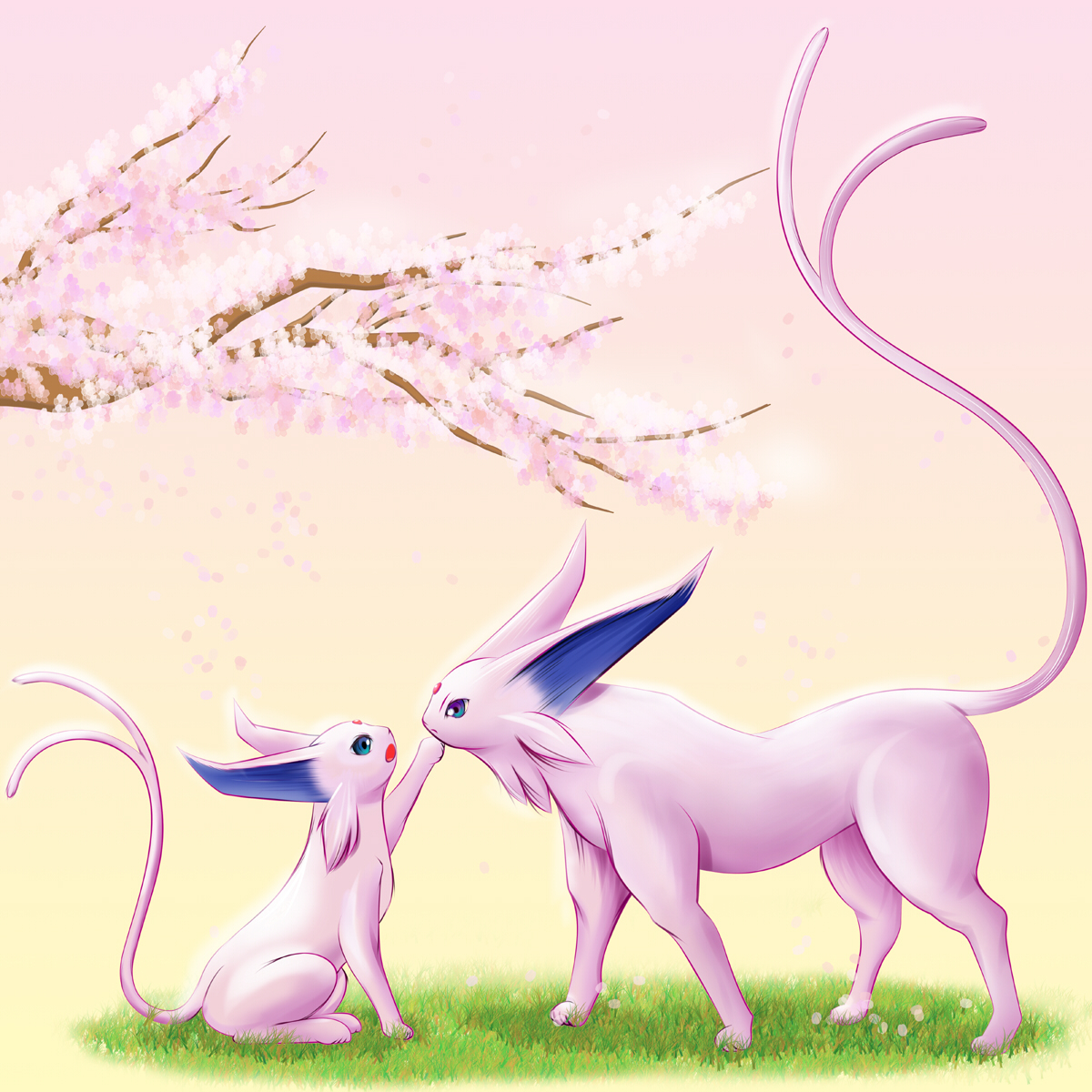 miharin, espeon, nintendo, pokemon, highres, cherry blossoms, gen 2 pokemon, no humans, pink theme, pokemon (creature), pokemon focus, tail, tree