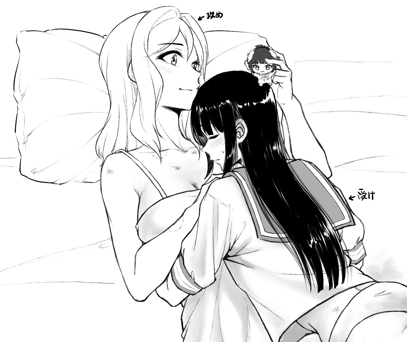 yakult1124, kurosawa dia, ohara mari, love live!, love live! sunshine!!, commentary request, translation request, 2girls, bite mark, bite mark on arm, bite mark on neck, blush, breasts, camisole, character doll, closed mouth, doll, ear blush, greyscale, hickey, holding, holding doll, large breasts, long hair, lying on person, monochrome, multiple girls, no pants, panties, pillow, school uniform, serafuku, smile, underwear, yuri