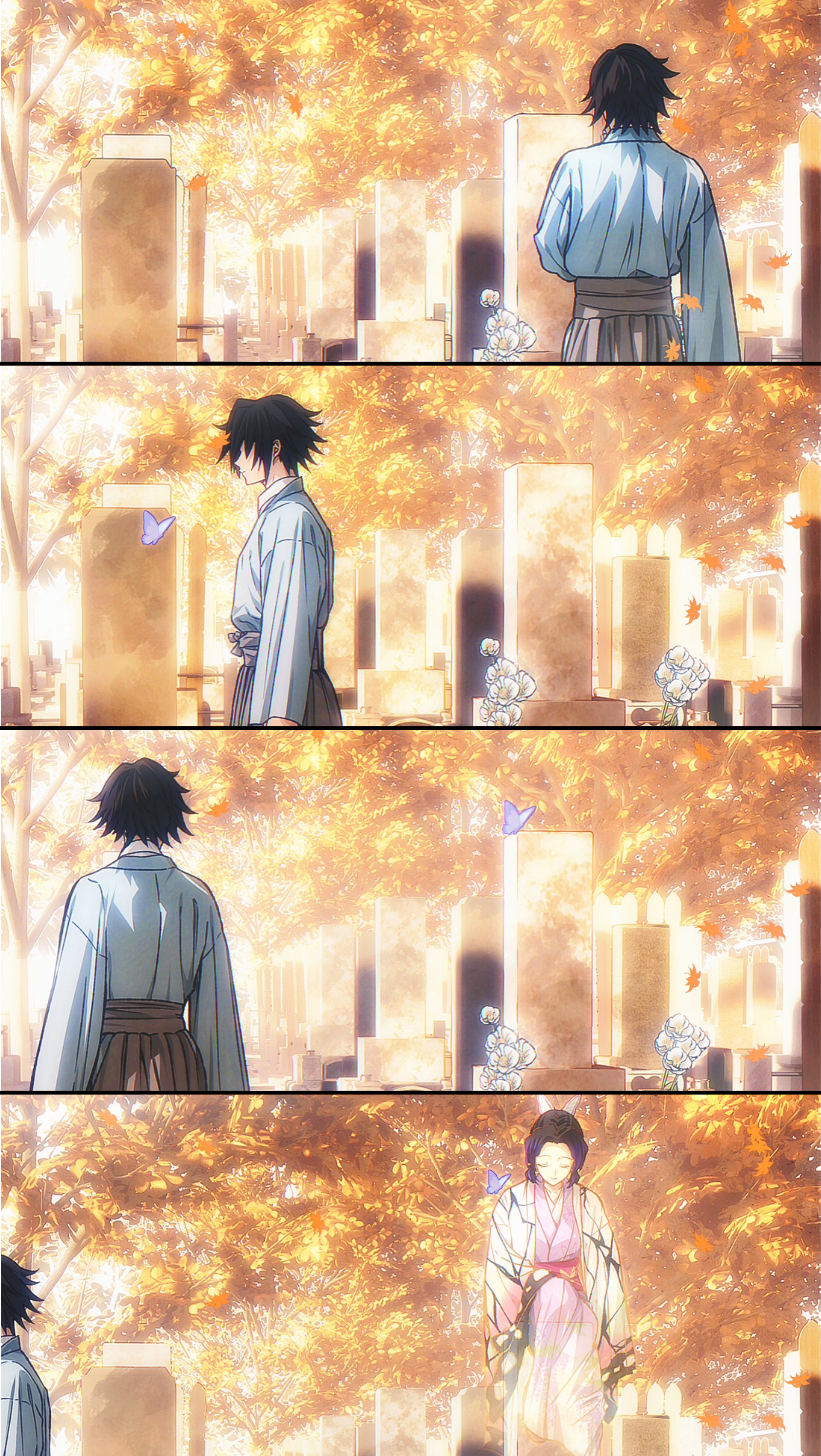 niku (ni23ku), kochou shinobu, tomioka giyuu, kimetsu no yaiba, absurdres, highres, 1boy, 1girl, animal print, black hair, blue butterfly, blue shirt, bug, butterfly, butterfly hair ornament, butterfly on shoulder, butterfly print, butterfly print haori, closed eyes, flower, ghost, grave, grey hakama, hair ornament, hakama, haori, insect, japanese clothes, kimono, parted bangs, pink kimono, print haori, shirt, short hair, shrine, sidelocks, spirit, updo, upper body, white flower
