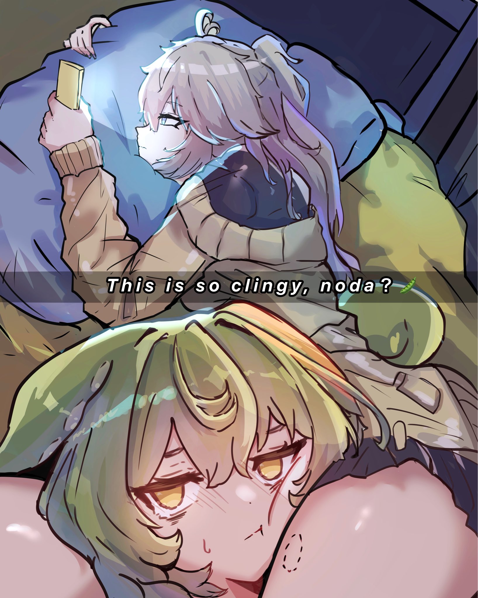 muu hachiba, kasukabe tsumugi, zundamon, snapchat, voiceroid, voicevox, highres, 2girls, :t, bite mark, black shirt, black skirt, blue eyes, cardigan, closed mouth, cowboy shot, english text, frown, green hair, grey hair, head between thighs, holding, holding phone, i'm this clingy (meme), long hair, looking at phone, looking at viewer, meme, miniskirt, multiple girls, on bed, pea pod, phone, pillow, shirt, skirt, yellow cardigan, yellow eyes