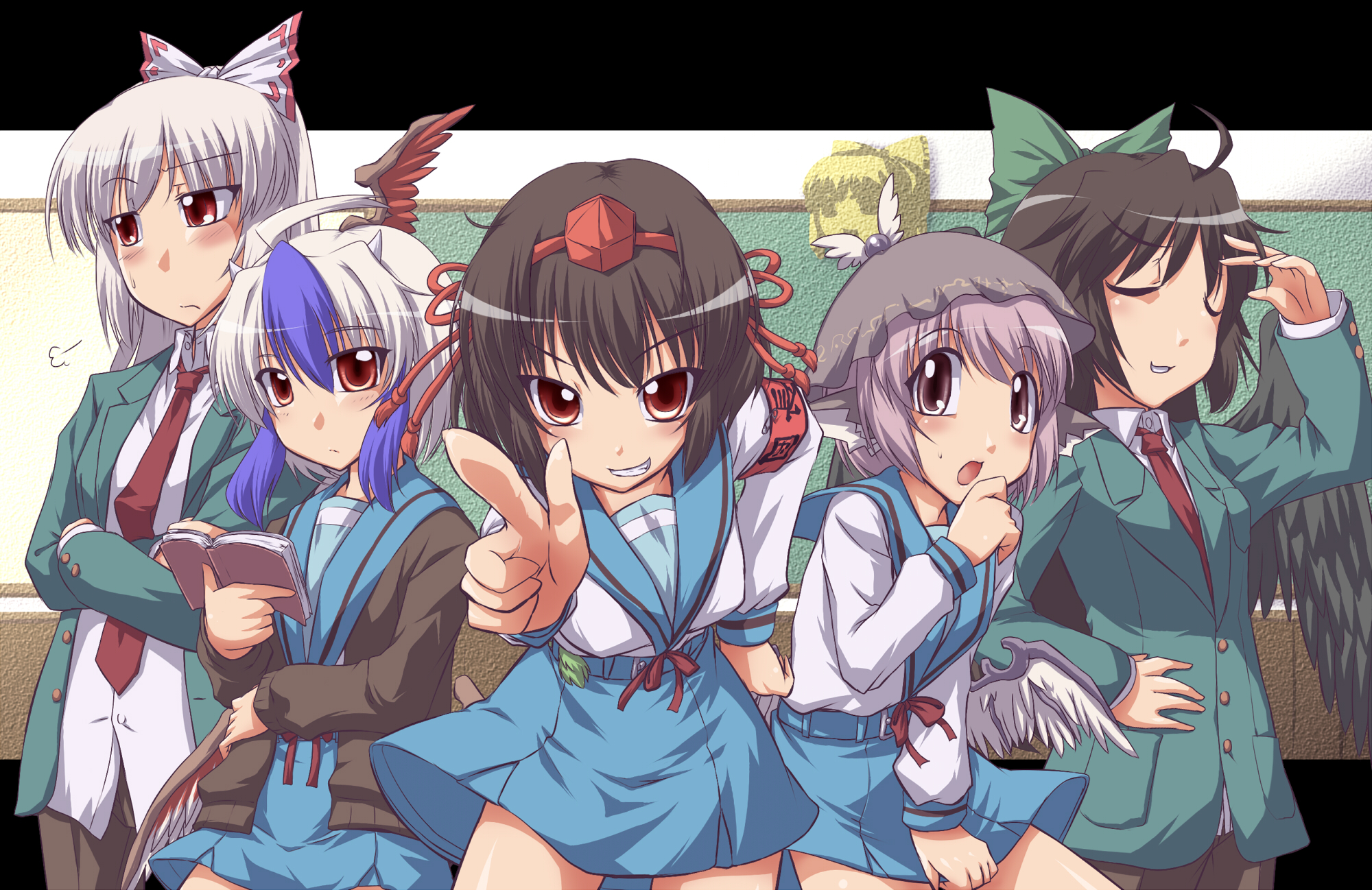 yoshi tama, asahina mikuru, fujiwara no mokou, koizumi itsuki, kyon, mystia lorelei, nagato yuki, reiuji utsuho, shameimaru aya, suzumiya haruhi, tokiko (touhou), suzumiya haruhi no yuuutsu, touhou, highres, 5girls, asahina mikuru (cosplay), cosplay, female focus, hat, head wings, koizumi itsuki (cosplay), kyon (cosplay), multicolored hair, multiple girls, nagato yuki (cosplay), name connection, parody, suzumiya haruhi (cosplay), wings, yukkuri shiteitte ne