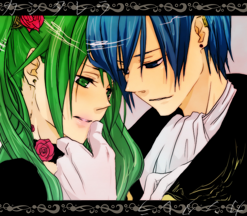 tsukimushi, hatsune miku, kaito (vocaloid), cantarella, cantarella (vocaloid), vocaloid, bad id, bad pixiv id, 1boy, 1girl, blue eyes, blue hair, close-up, flower, gloves, grabbing another's chin, green eyes, green hair, hand on another's chin, lips, long hair, rose, twintails
