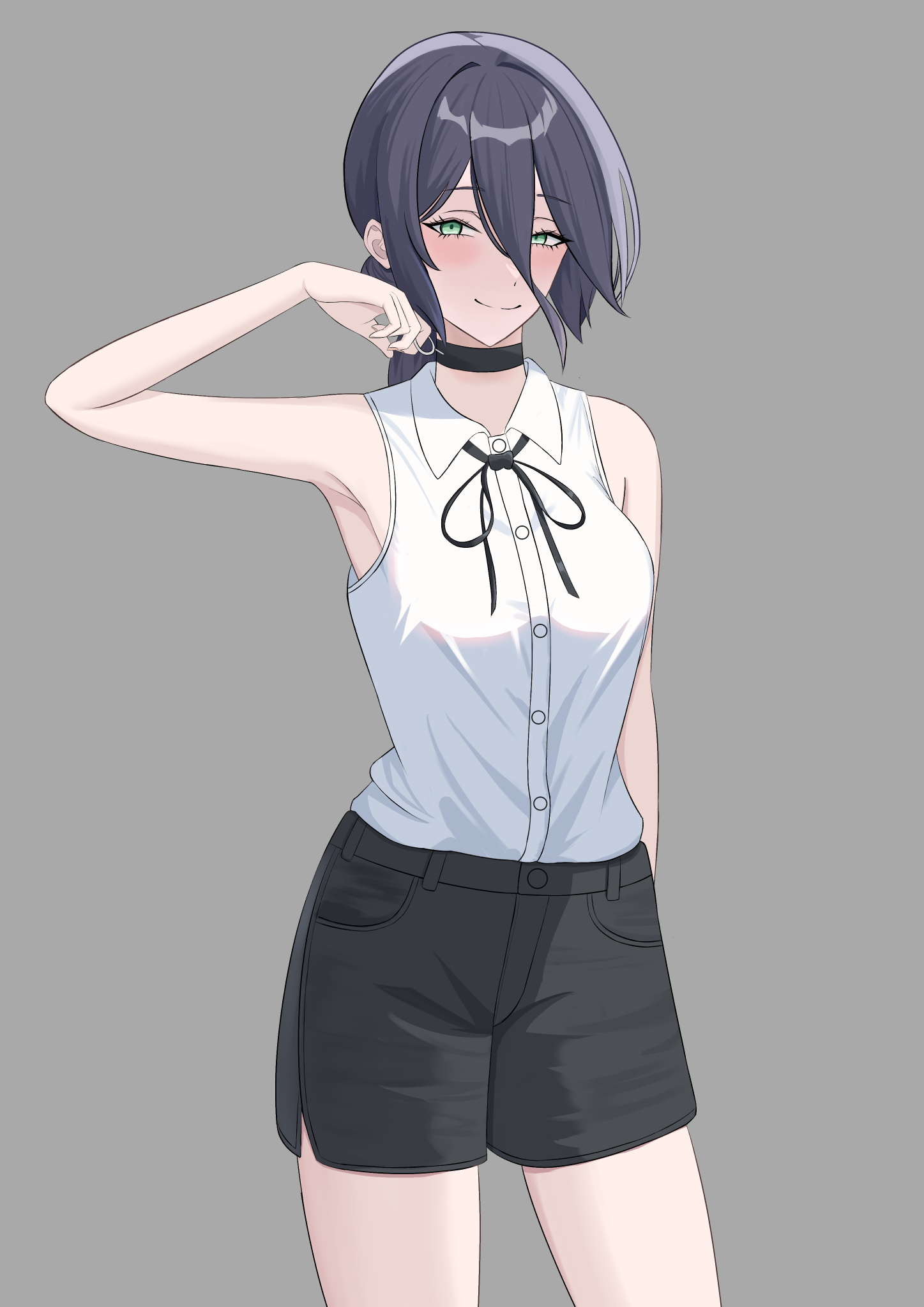 isso jp, reze (chainsaw man), chainsaw man, highres, 1girl, black choker, black hair, black ribbon, black shorts, choker, closed mouth, collared shirt, green eyes, grenade pin, grey background, hair between eyes, looking at viewer, neck ribbon, ribbon, shirt, shirt tucked in, short shorts, shorts, simple background, sleeveless, sleeveless shirt, smile, solo, white shirt