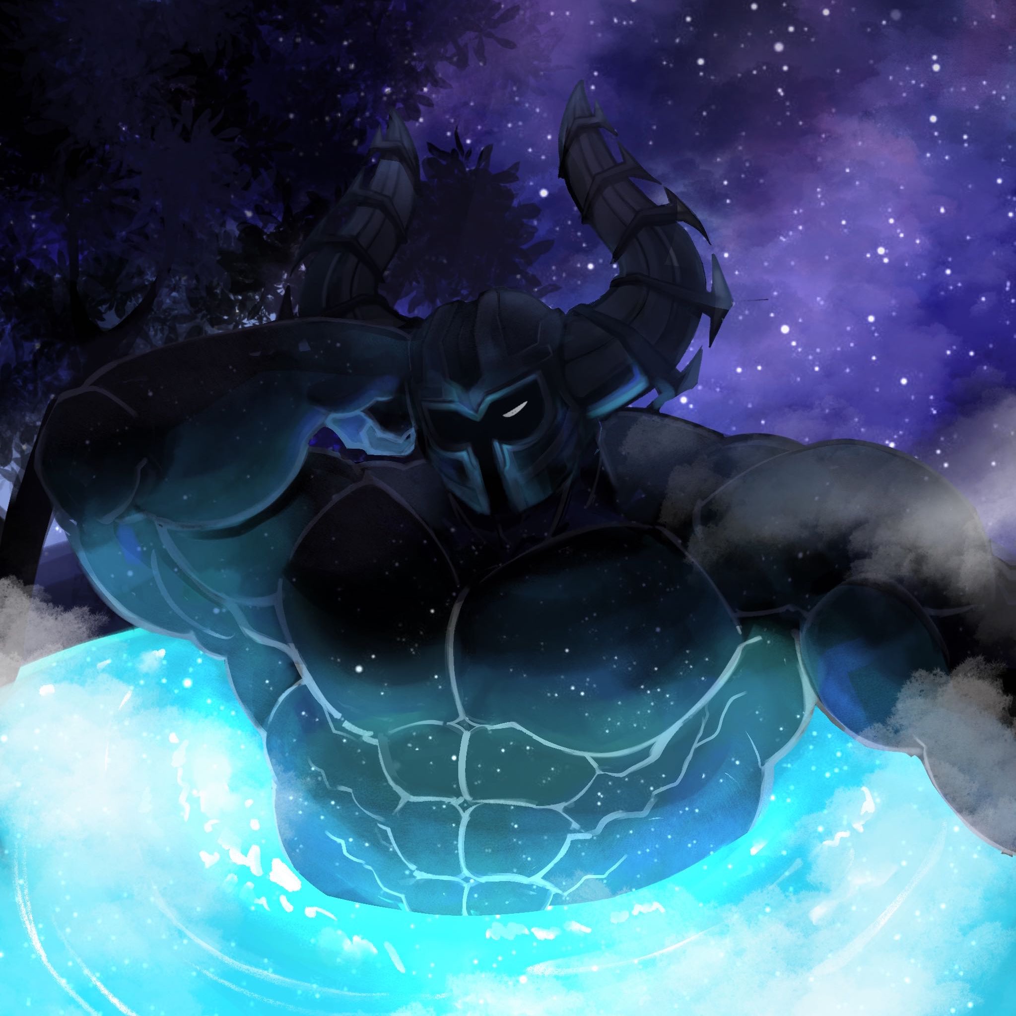 original, highres, 1boy, almightybrash, bara, bathing, black skin, colored skin, helmet, knight, muscular, muscular male, sky, star (sky), starry skin, starry sky