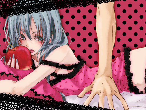 nezuki, hatsune miku, aqua (copyright), romeo to cinderella (vocaloid), vocaloid, 1girl, apple, aqua eyes, aqua hair, bare shoulders, bed, camisole, food, frilled pillow, frills, fruit, grey nails, holding, holding food, holding fruit, long hair, lying, midriff, nail polish, open mouth, panties, pillow, solo focus, underwear