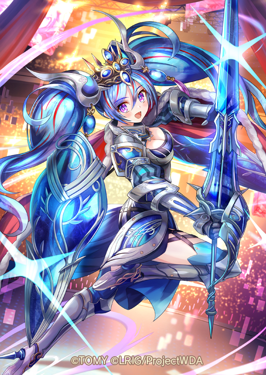 hokuyuu, wixoss, official art, 1girl, armor, blue hair, blue shirt, blue skirt, boots, copyright notice, holding, holding polearm, holding weapon, kyanite (wixoss), lance, long hair, looking at viewer, multicolored hair, polearm, purple eyes, red hair, shield, shirt, skirt, smile, solo, streaked hair, twintails, very long hair, weapon, white boots