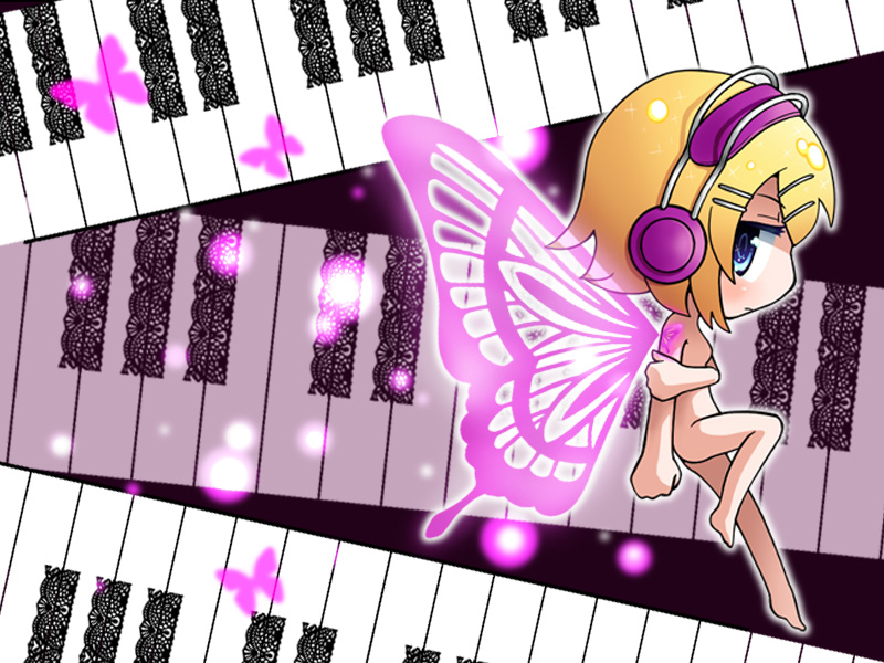 ruei (chicking), rui (pixiv840498), kagamine rin, migikata no chou (vocaloid), vocaloid, bad id, bad pixiv id, 1girl, barefoot, blonde hair, blue eyes, bug, butterfly, butterfly wings, chibi, female focus, hair ornament, hairclip, headphones, insect, insect wings, instrument, nude, piano, piano keys, short hair, solo, wings