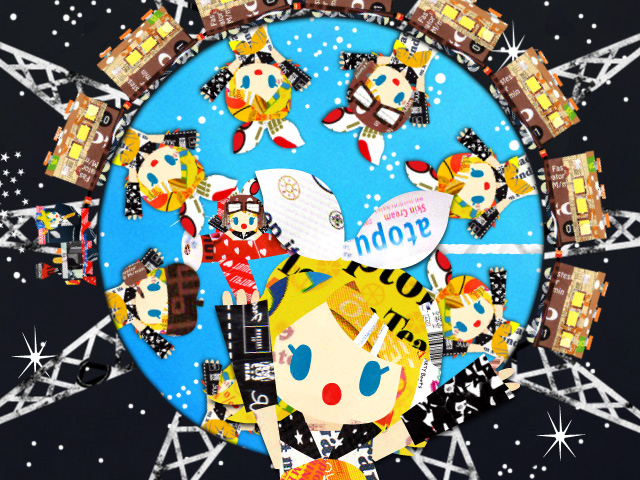 kikuchi milo, miro (pixiv187046), kagamine rin, gensou-ron (vocaloid), vocaloid, 6+girls, aircraft, airplane, blonde hair, blue eyes, globe, goggles, hair ornament, hair ribbon, hairclip, hat, multiple girls, multiple persona, paper, ribbon, short hair, smile, train