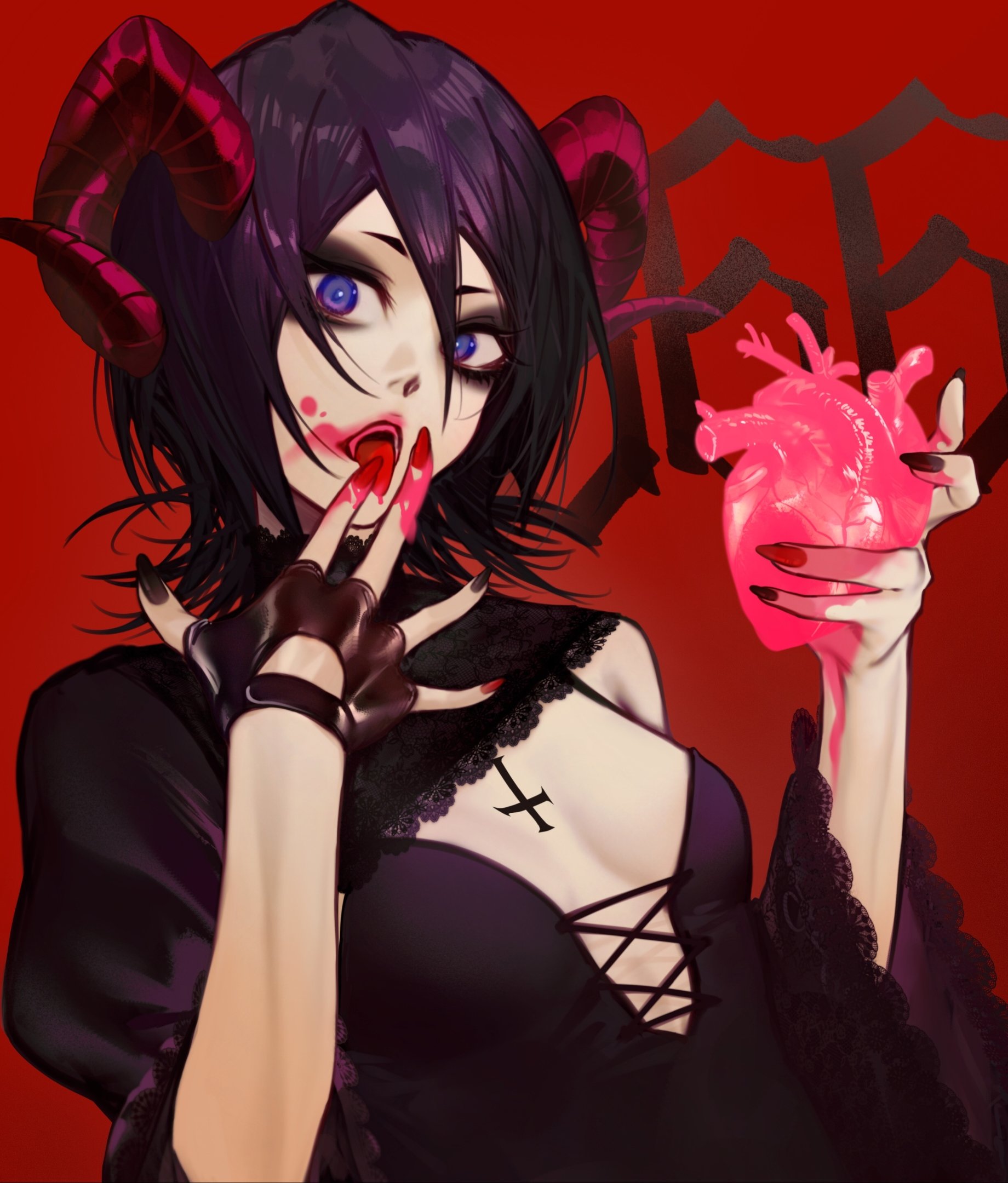 ihsekodwww, kuchiki rukia, bleach, highres, 1girl, 666, black dress, black gloves, black hair, blood, blood on face, blood on hands, breasts, choker, curved horns, demon girl, demon horns, dress, fingerless gloves, frilled dress, frills, gloves, goth fashion, gothic lolita, hair between eyes, halloween, halloween costume, happy halloween, heart, holding, holding heart, horns, licking own finger, lolita fashion, long sleeves, looking at viewer, open mouth, purple eyes, red nails, short hair, simple background, single glove, small breasts, solo
