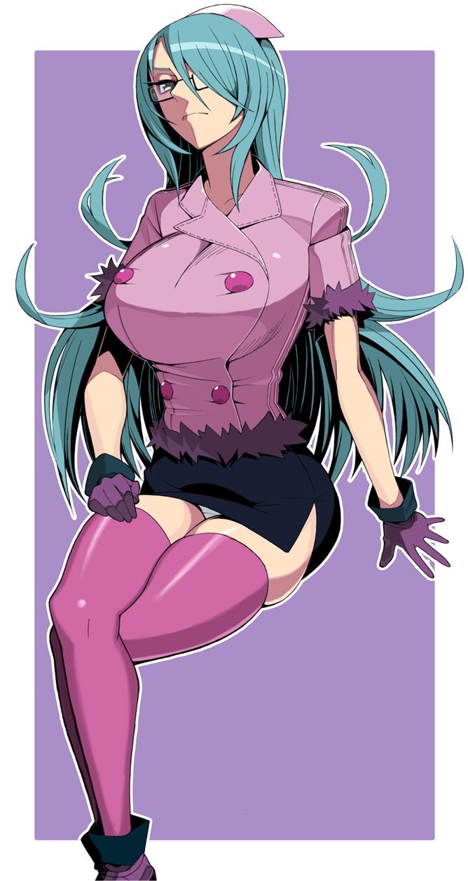 hidarikiki, original, purple footwear, bad id, bad pixiv id, highres, 1girl, angry, aqua hair, black skirt, blue hair, border, breasts, crossed legs, female focus, fur-trimmed shirt, fur trim, glasses, gloves, hair over one eye, hat, huge breasts, legs, long hair, long legs, looking at viewer, miniskirt, nurse, nurse cap, outline, outside border, panties, pantyshot, pencil skirt, pink shirt, pink thighhighs, purple background, purple gloves, shirt, short sleeves, side slit, simple background, sitting, skindentation, skirt, solo, taut clothes, taut shirt, thighhighs, thighs, underwear, upskirt, very long hair, white border, white outline, white panties, zettai ryouiki