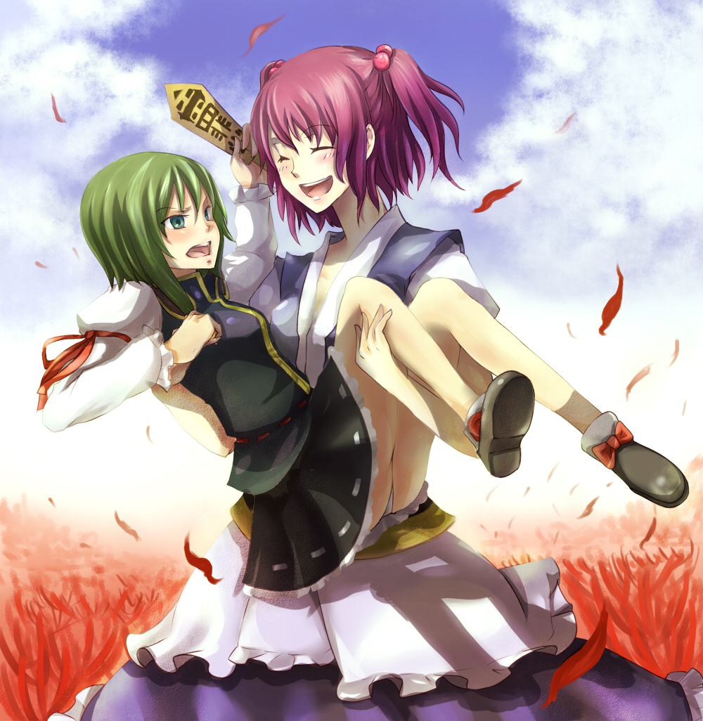 mitsu (tendou itsuki), mitsueyn, onozuka komachi, shiki eiki, touhou, bad id, bad pixiv id, 2girls, angry, blush, carrying, closed eyes, female focus, flower, multiple girls, no headwear, princess carry, red flower, rod of remorse, spider lily